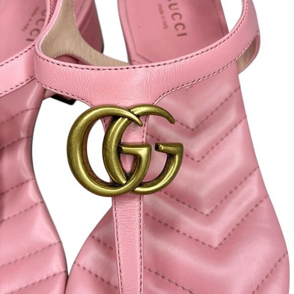 Gucci Marmont Charlotte Wild Rose Sandals 36 Pink Leather GG Logo Block Heel - Picture 5 of 14
